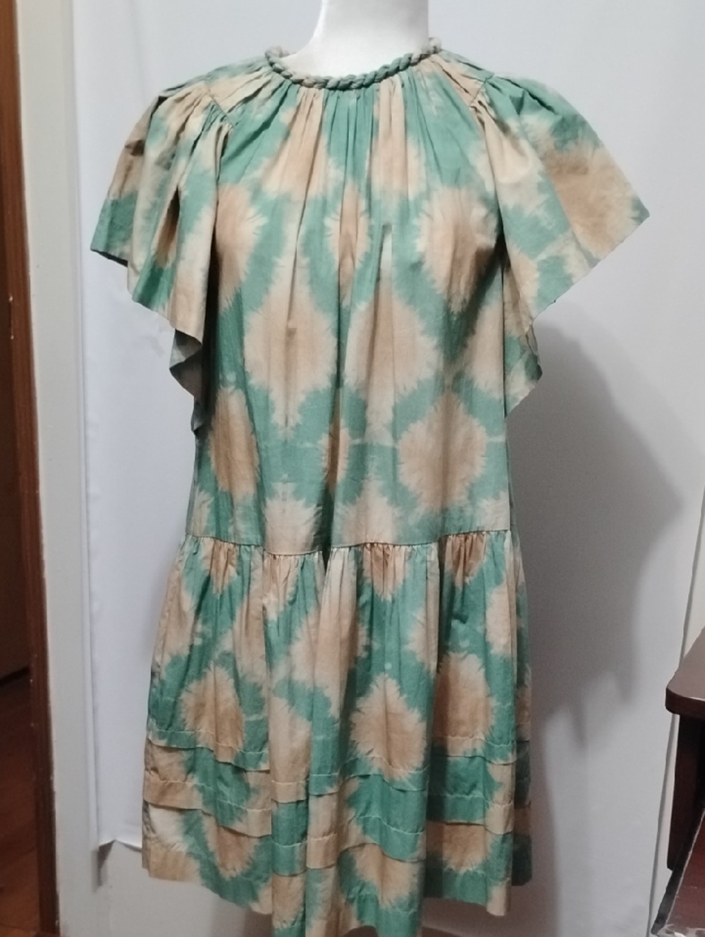 Ulla Johnson Isolde Cotton Braided Tie-Detail Mini Dress - Beige & Teal